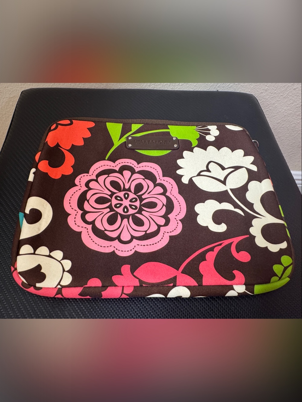 Vera Bradley Brown Floral Tech Sleeve with Turquoise, Coral & Pink Accents